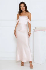 Hot Girl Diaries Off Shoulder Satin Maxi Dress Pink