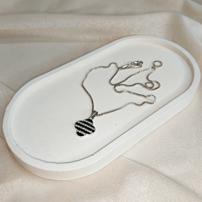 Silver Clover Pendant – Black & White Stone Detailing