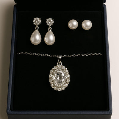 Pearl and Crystal Jewelry Set – 2 Pairs of Earrings and Pendant Necklace